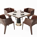 Square Dining Table And Four Brown Leather Chairs Set Marble Top Black Base Diningware Arranged 3d model
