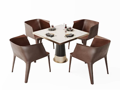 Square Dining Table And Four Brown Leather Chairs Set Marble Top Black Base Diningware Arranged 3d model