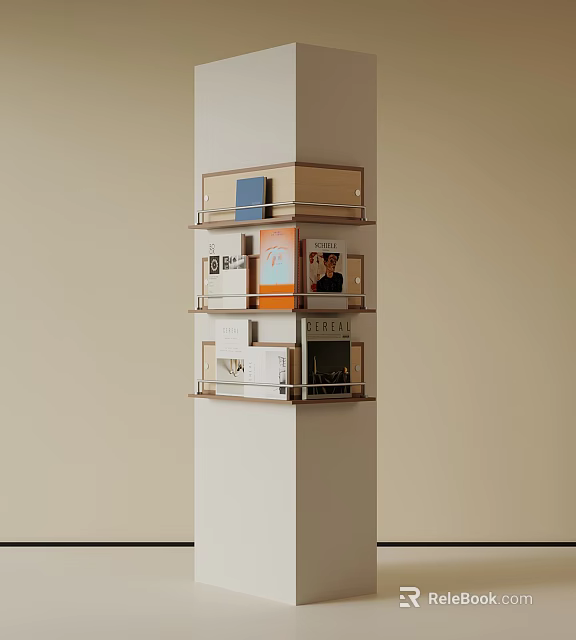 Modern Multi Tiered Column Bookshelf With Books Magazines And Decor Items 3d model