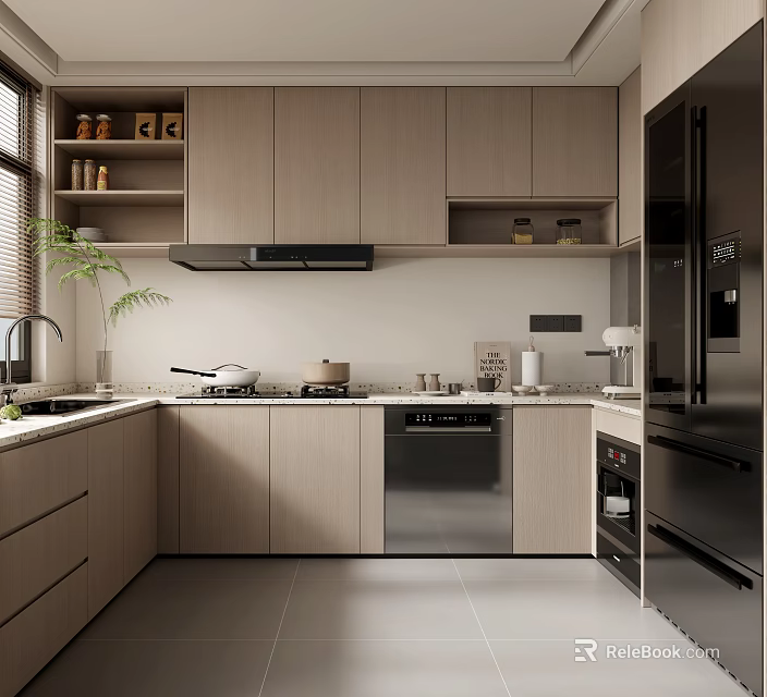 Modern Kitchen Interior Design With Light Wood Cabinets And Stainless Steel Appliances 3d model 