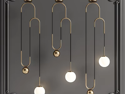 Pendant Lights with Golden Metal Frames Black Lines and Round Bulbs Against Dark Wall 3d model
