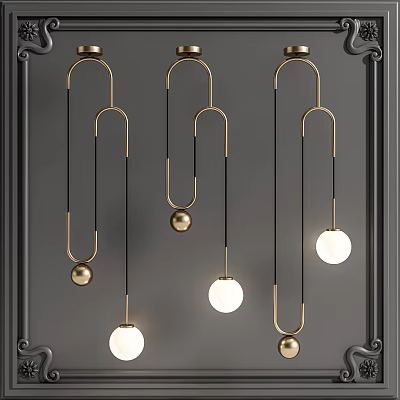 Pendant Lights with Golden Metal Frames Black Lines and Round Bulbs Against Dark Wall 3d model