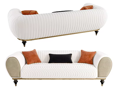 Modern White Vertical Tufted Sofa With Orange Black Cushions And Golden Legs 3d model