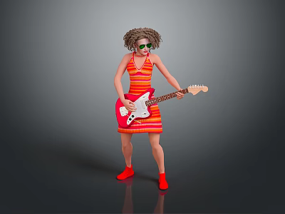 Woman with curly hair wearing sunglasses and orange striped dress playing red electric guitar 3d model
