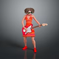 Woman with curly hair wearing sunglasses and orange striped dress playing red electric guitar