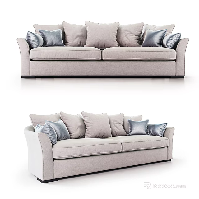 Modern Two Seater Sofa with Light Gray Upholstery and Multiple Soft Cushions 3d model