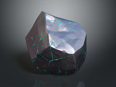 Shiny Irregular Stone Geometric Polyhedron with Green Cracked Veins and Smooth Surface 3d model