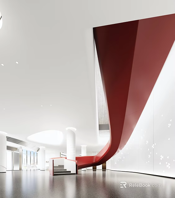 Elegant Service Hall Interior With Red Curved Structure White Ceiling And Bright Lighting 3d model 