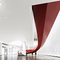 Elegant Service Hall Interior With Red Curved Structure White Ceiling And Bright Lighting