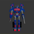 Blue Red Transformer Style Robot With Glowing Parts Holding Weapon In Standing Pose