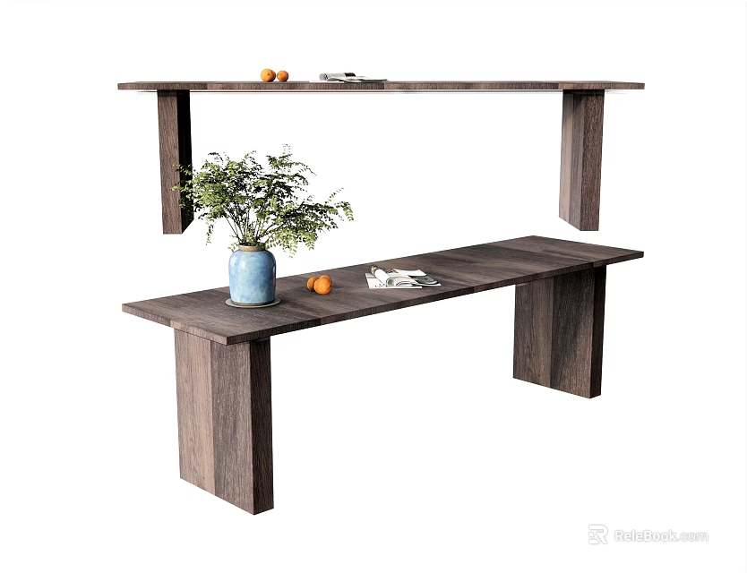 Rustic Wooden Dining Table Interior With Green Plant Vase Oranges And Shelf Design 3d model 