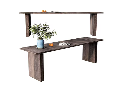 Rustic Wooden Dining Table Interior With Green Plant Vase Oranges And Shelf Design 3d model