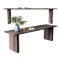 Rustic Wooden Dining Table Interior With Green Plant Vase Oranges And Shelf Design