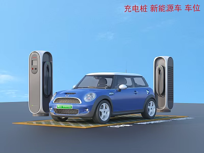 Electric Car Being Charged at Charging Station in New Energy Parking Space 3d model