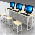 Three Computer Monitors On Light Wood Desk With White Stools And Workspace 3d model