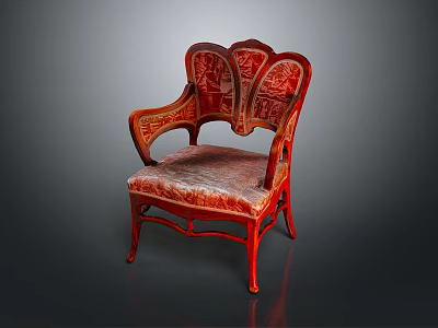 Classic Carved Armchair with Red Wooden Frame Ornate Backrest Armrest Patterns and Patterned Fabric Seat 3d model