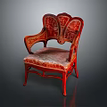 Classic Carved Armchair with Red Wooden Frame Ornate Backrest Armrest Patterns and Patterned Fabric Seat