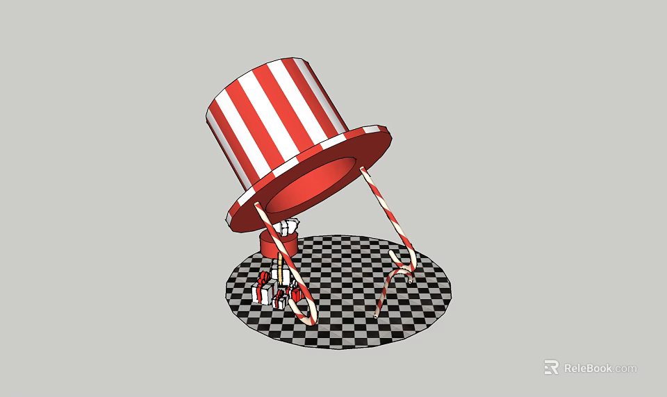 Unique Red White Striped Top Hat Swing With Rope On Black White Checkered Base 3d model 
