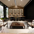 Modern Tea Room Interior With Wooden Table Tea Set Sofa Chairs And Green Plants