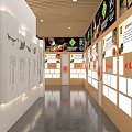 Traditional Exhibition Hall Interior With Wooden Ceiling Display Platforms And Chinese Signage