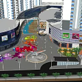 Modern Commercial Plaza Landscape with High-Rise Buildings Colorful Facades Large Screens and People in Activity