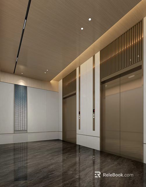 Modern Elevator Hallway Interior Design With Wooden Ceiling And Recessed Lighting 3d model