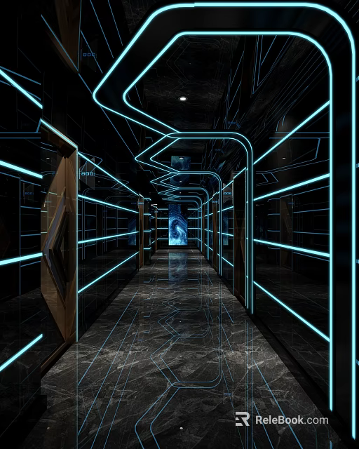 Modern KTV Corridor With Neon Lights Mirrored Walls And Marble Floor 3d model 