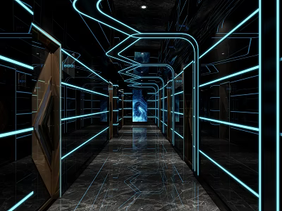 Modern KTV Corridor With Neon Lights Mirrored Walls And Marble Floor 3d model
