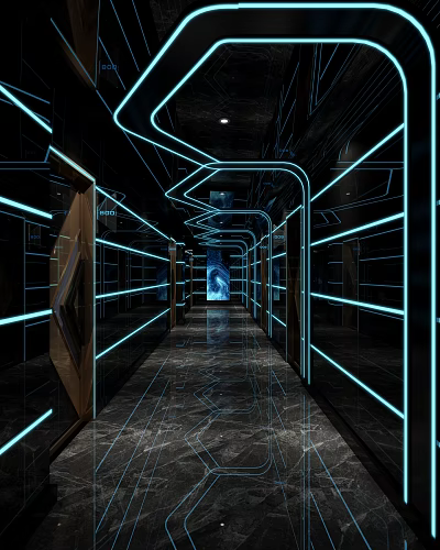 Modern KTV Corridor With Neon Lights Mirrored Walls And Marble Floor 3d model
