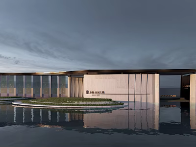 Modern Architectural Entrance Gate Design With Stone Wall Water Reflection And Green Lawn 3d model