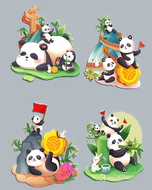 Cartoon Panda Wall Decor With Bamboo Gold Coins Red Flags And Moon 3d model 