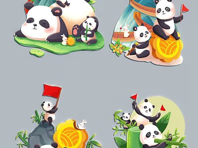 Cartoon Panda Wall Decor With Bamboo Gold Coins Red Flags And Moon 3d model