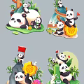 Cartoon Panda Wall Decor With Bamboo Gold Coins Red Flags And Moon