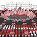Vibrant Stage Design With Red Triangular Decorations Palm Trees And Seats 3d model