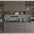 Modern Wooden Wine Cabinet With Glass Doors Wine Bottles Glasses And Marble Backsplash