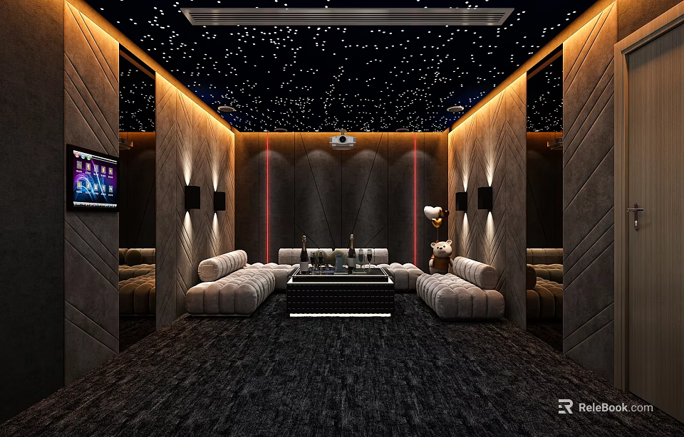 Luxury Home Theater Interior Design With Starry Ceiling Comfortable Seating And Projector 3d model 