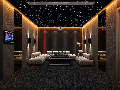 Luxury Home Theater Interior Design With Starry Ceiling Comfortable Seating And Projector 3d model