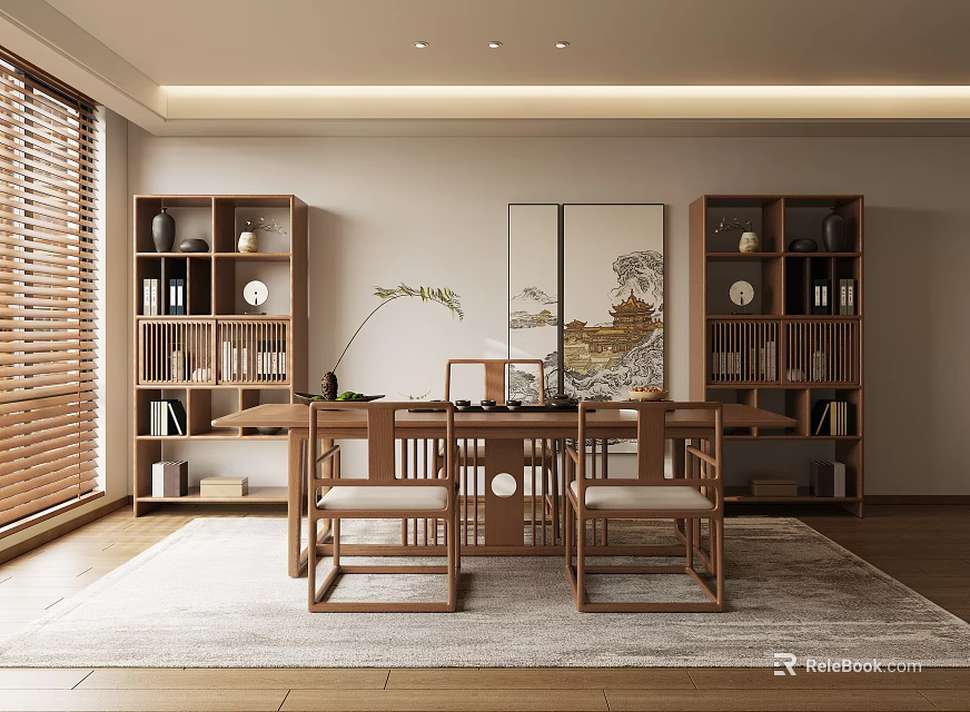 Traditional Tea Room Interior With Wooden Table Chairs Bookshelves Decorative Painting And Shutter Windows 3d model 