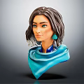 Female Character Bust Sculpture With Wavy Brown Hair Green Eyes Teal Earrings And Blue Shawl
