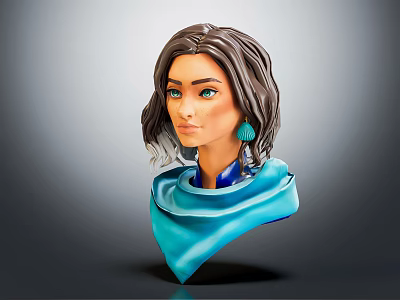Female Character Bust Sculpture With Wavy Brown Hair Green Eyes Teal Earrings And Blue Shawl 3d model