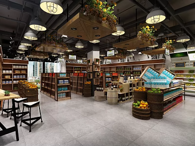 Well Lit Supermarket Interior With Organized Shelves Fresh Fruits And Vegetables 3d model