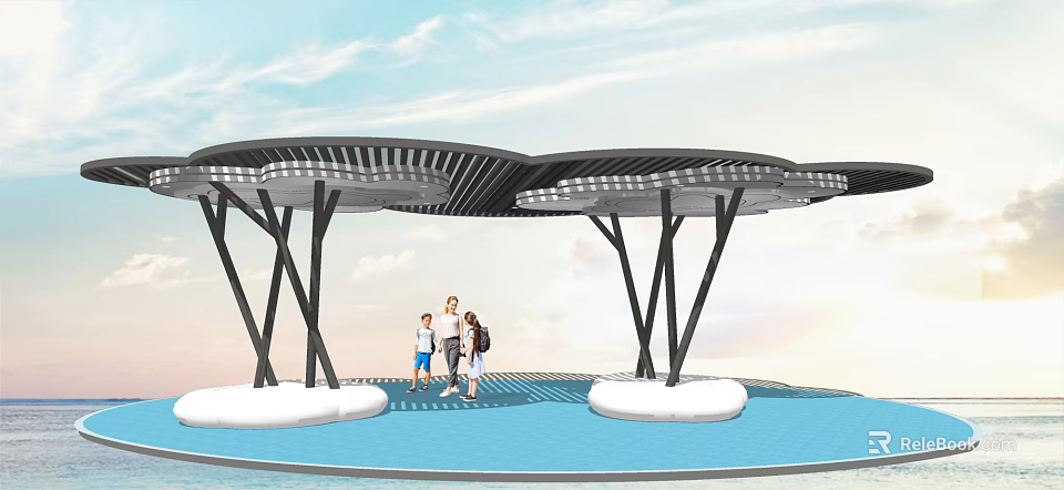Modern Pergola With Wavy Lattice Roof Black Pillars And Water Surface View 3d model 