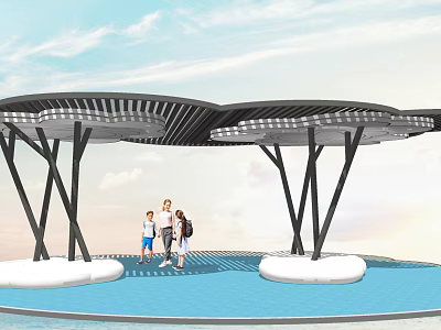 Modern Pergola With Wavy Lattice Roof Black Pillars And Water Surface View 3d model