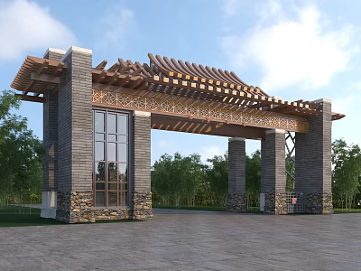Traditional Chinese Gate with Brick Structure and Wooden Carved Roof Under Blue Sky 3d model