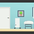 Miniature Bedroom Interior With Blue Walls Bed Blue Sheets White Cabinet Window And Checkered Curtains