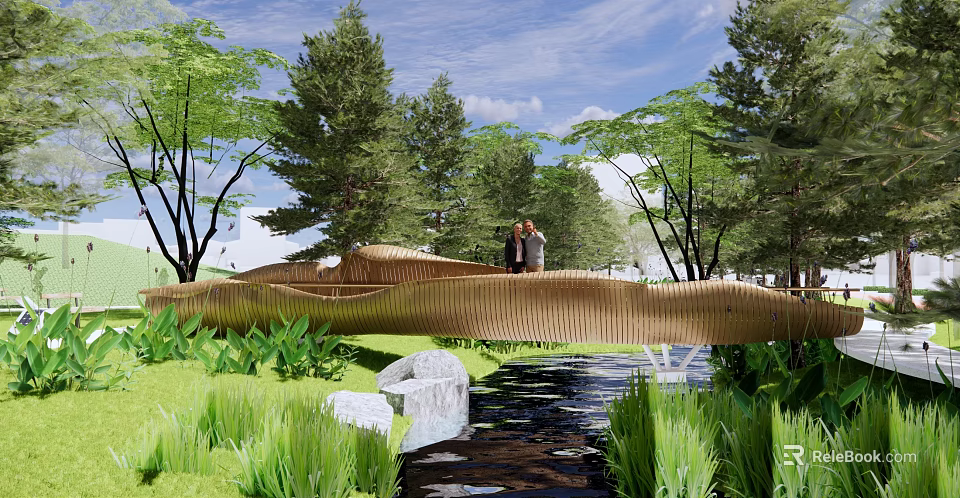 Waterside Landscape With Wooden Bridge Stream Lush Greenery Surrounding Trees And People 3d model 