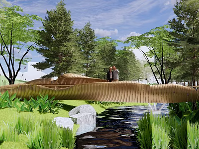 Waterside Landscape With Wooden Bridge Stream Lush Greenery Surrounding Trees And People 3d model
