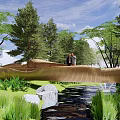 Waterside Landscape With Wooden Bridge Stream Lush Greenery Surrounding Trees And People