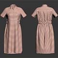 Red And White Striped Collared Short Sleeve Dress With Waist Cinched Detail And Long Length