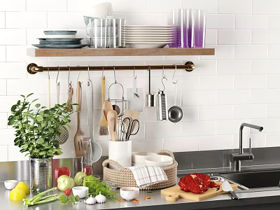 Organized Kitchen Cooking Utensils with Hanging Tools Wooden Shelf Fresh Vegetables and White Tile Wall 3d model